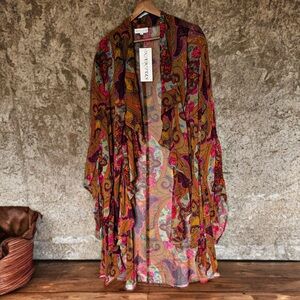 ✨Sakkas 1X NWT Boho Paisley Sheer Kimono Duster Black Plum